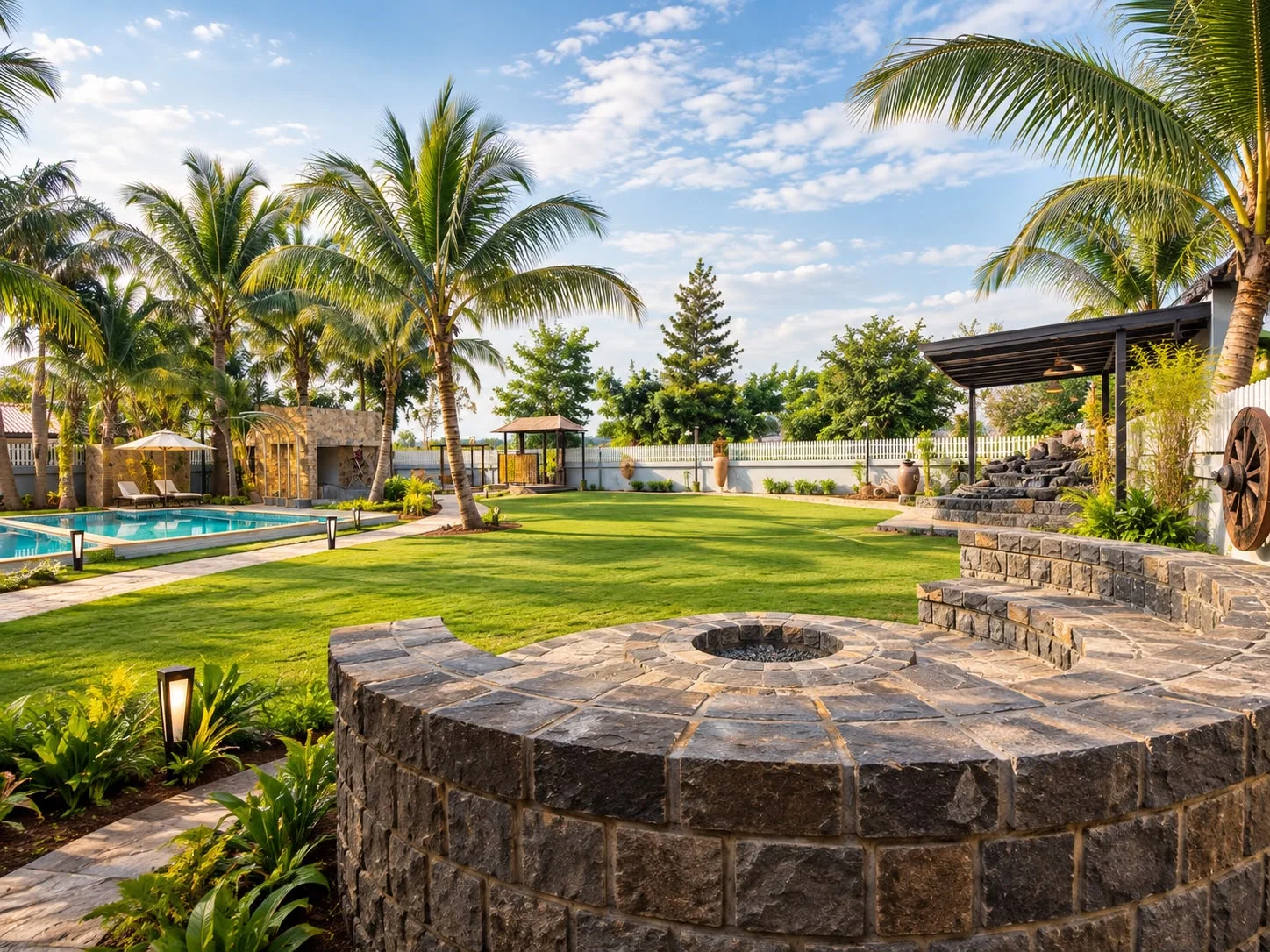 Estate lawn and pool on a bright morning