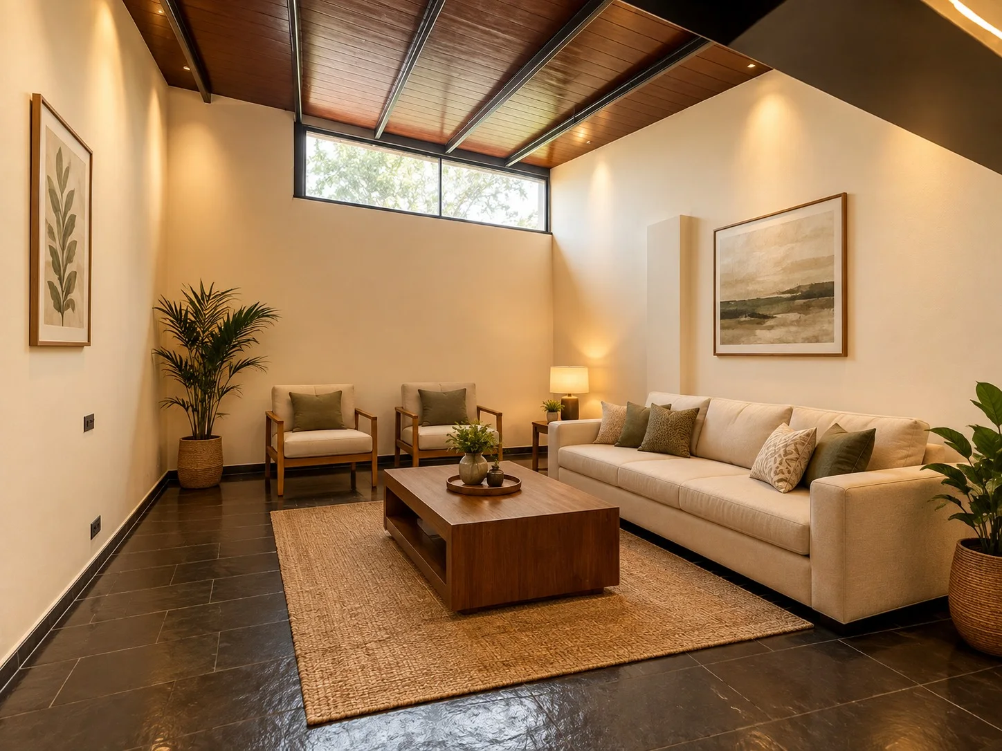 Lounge with linen sofa, jute rug and timber ceiling